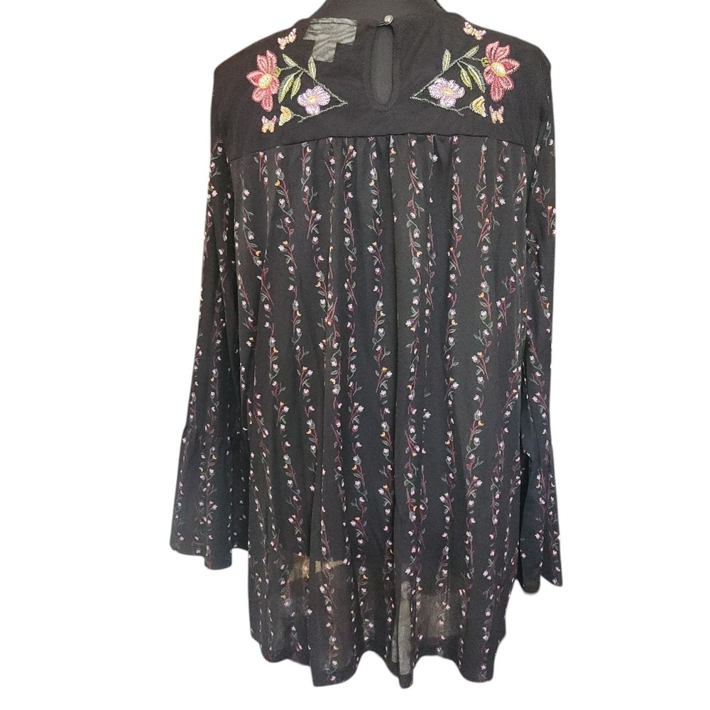 Black Sheer Mesh Floral Embroidered Boho Blouse Bell Sleeve Whimsigoth Top XL - Picture 6 of 9